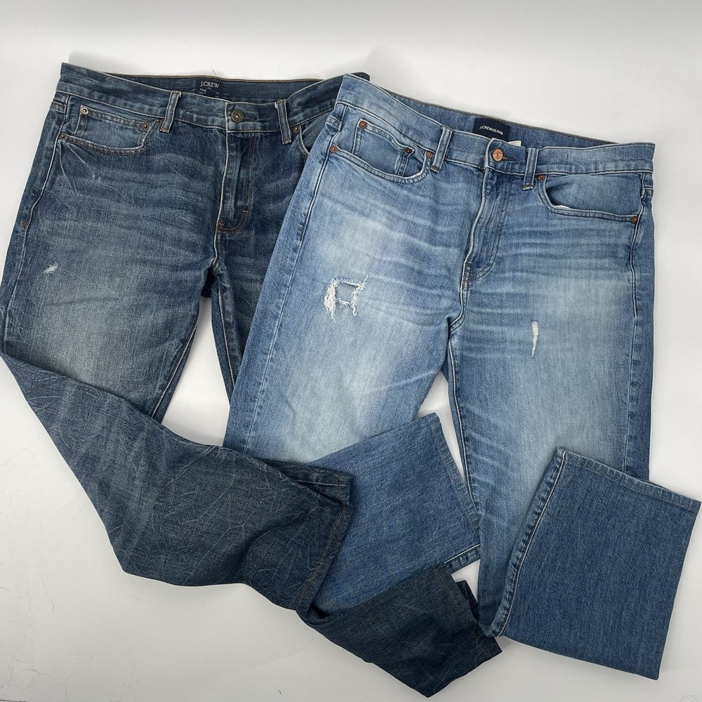 2 Pair J Crew Jeans Mens 34x27 Blue The Driggs‎ Slim Straight Denim Distressed